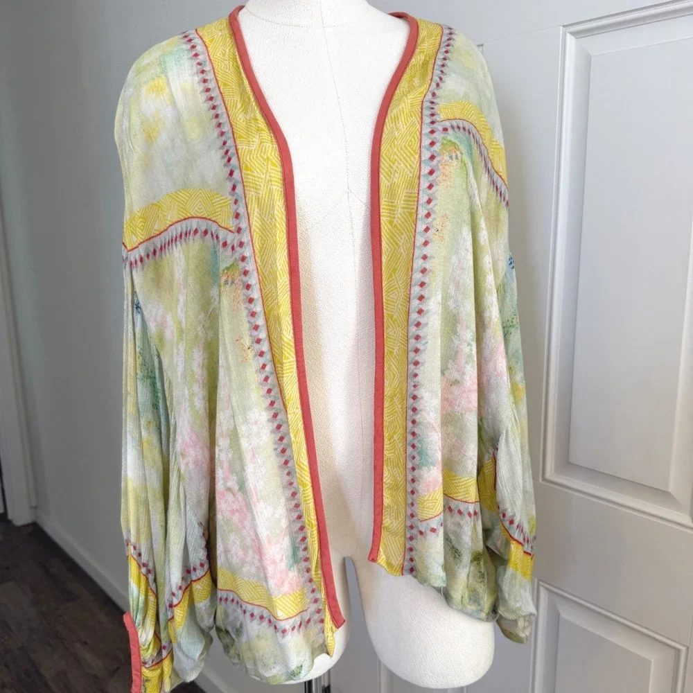 Anthropologie Kimono Cardigan OS Green Yellow Watercolor Boho Artsy whimsical - Picture 3 of 9